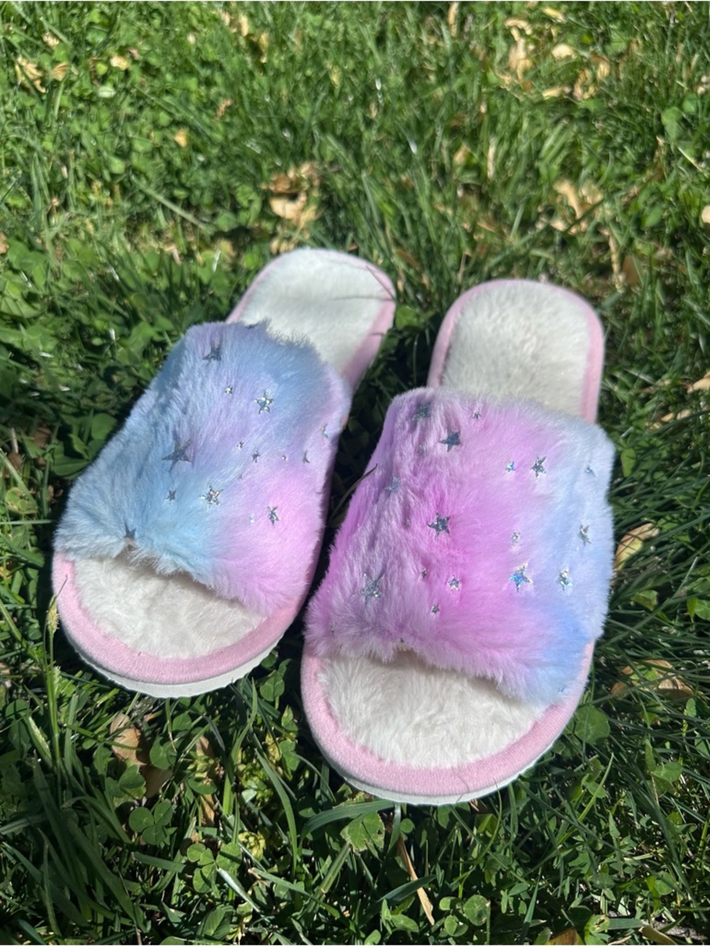 Plush Gradient Pastel Star Slide Slippers - Pink & Blue